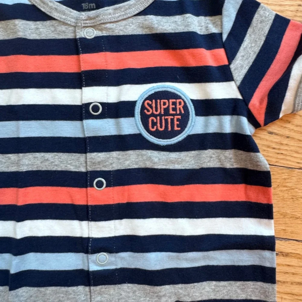 Carters Baby Boy 18M Striped Romper Super Cute Dog Applique Snap Front Cotton